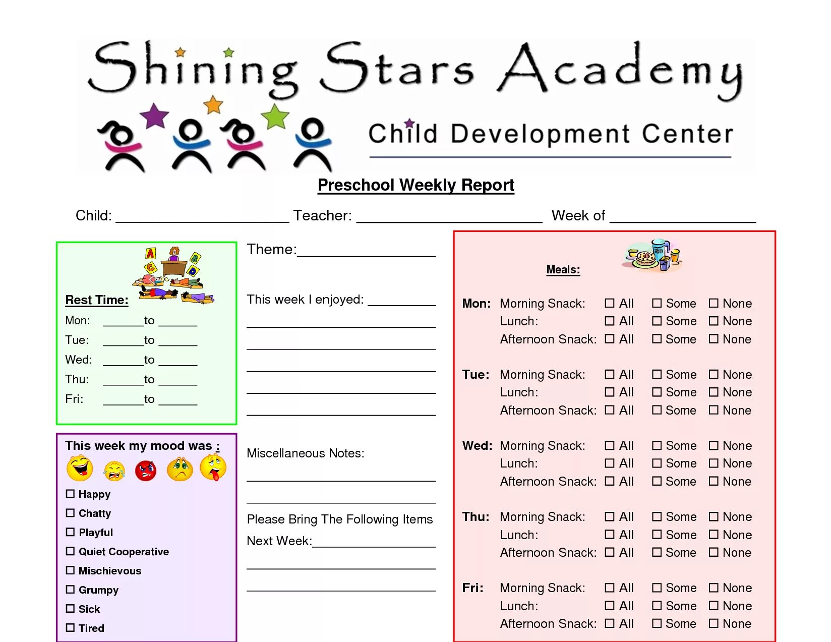 Progress Report Preschool. Weekly Report. Daily Report. Report Card for Preschool.