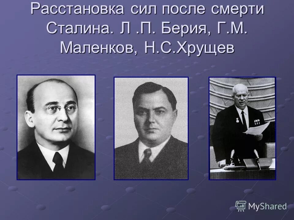 После смерти и в сталина партию возглавил. Берия Маленков Хрущев борьба за власть. Борьба за власть после смерти Сталина Берия Маленков. Сталин Берия Хрущев Маленков. Борьба Берии Маленкова и Хрущева в 1953г смерть Сталина.