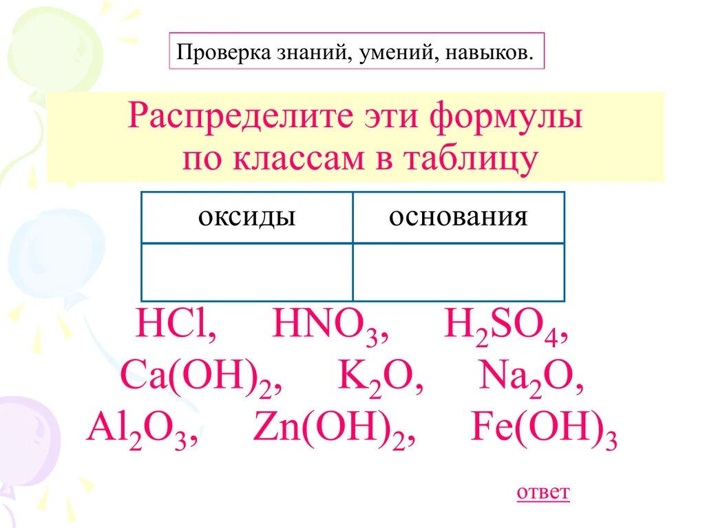 Распределите оксиды по классам k2o. Распределите эти формулы по классам в таблицу оксиды основания. Распределить оксиды по классам. Распределите кислоты по классам. Fe Oh 2 основание.