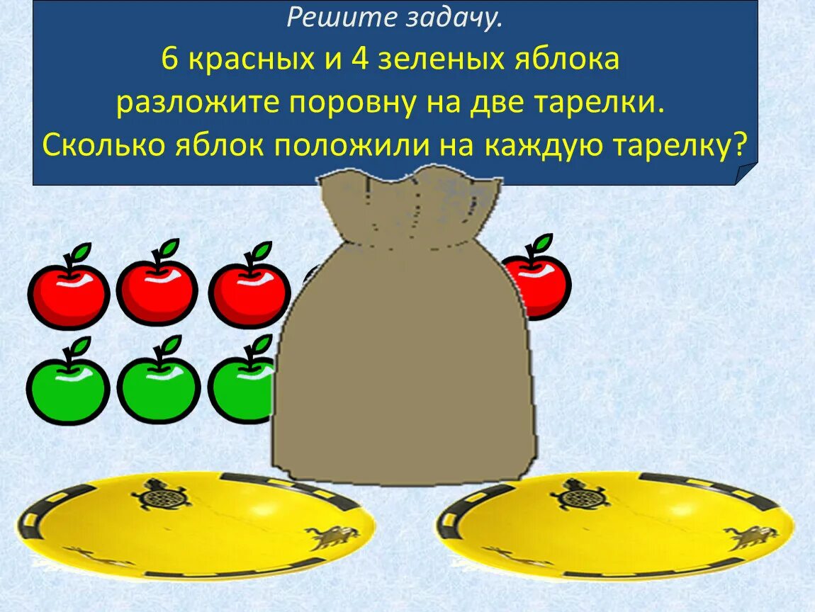 В двух корзинах яблок было поровну. 6 Яблок разложили на 2 тарелки поровну.. Задача на двух тарелках. Задача 8 яблок и 2 тарелки. 8 Яблок разложить на 2 тарелки ответ.