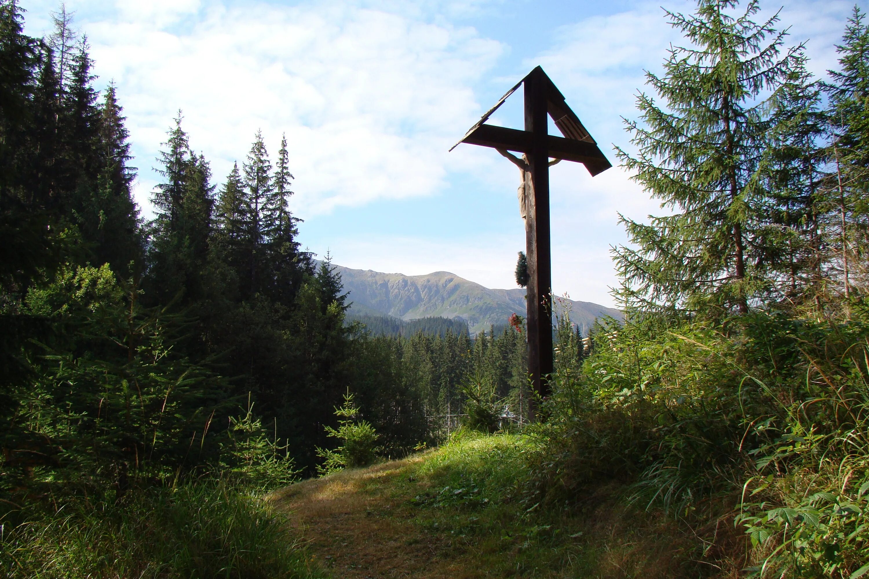 Вершину холма украшает бронзовая. Деревянный крест в лесу. Православный крест в лесу. Крест из деревьев в лесу.