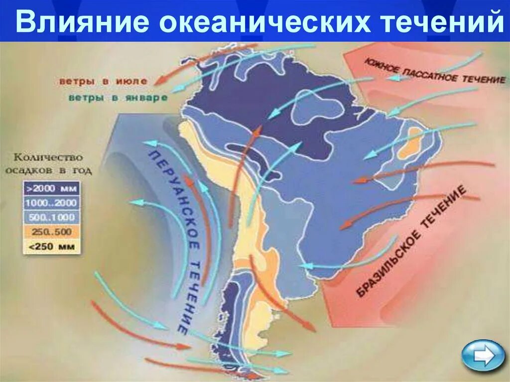 Климатообразующие факторы Южной Америки. Влияние течений на климат. Ветра Южной Америки. Влияние течений на побережье.