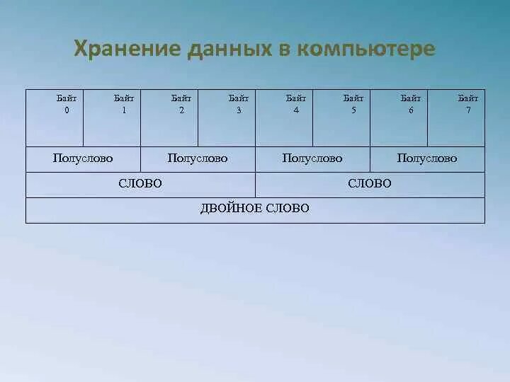 Слово информация в байтах. Структура байта. Бит байт слово двойное слово. Байтовая форма хранения данных. Структура памяти ПК байт слово двойное слово.