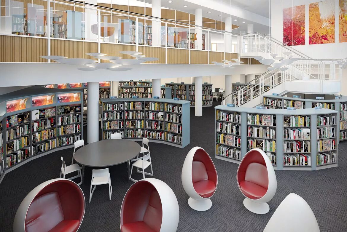интерьер общественной библиотеки. современная библиотека. интерьер читального зала. возможности современных библиотек. декор современной библиотеки.