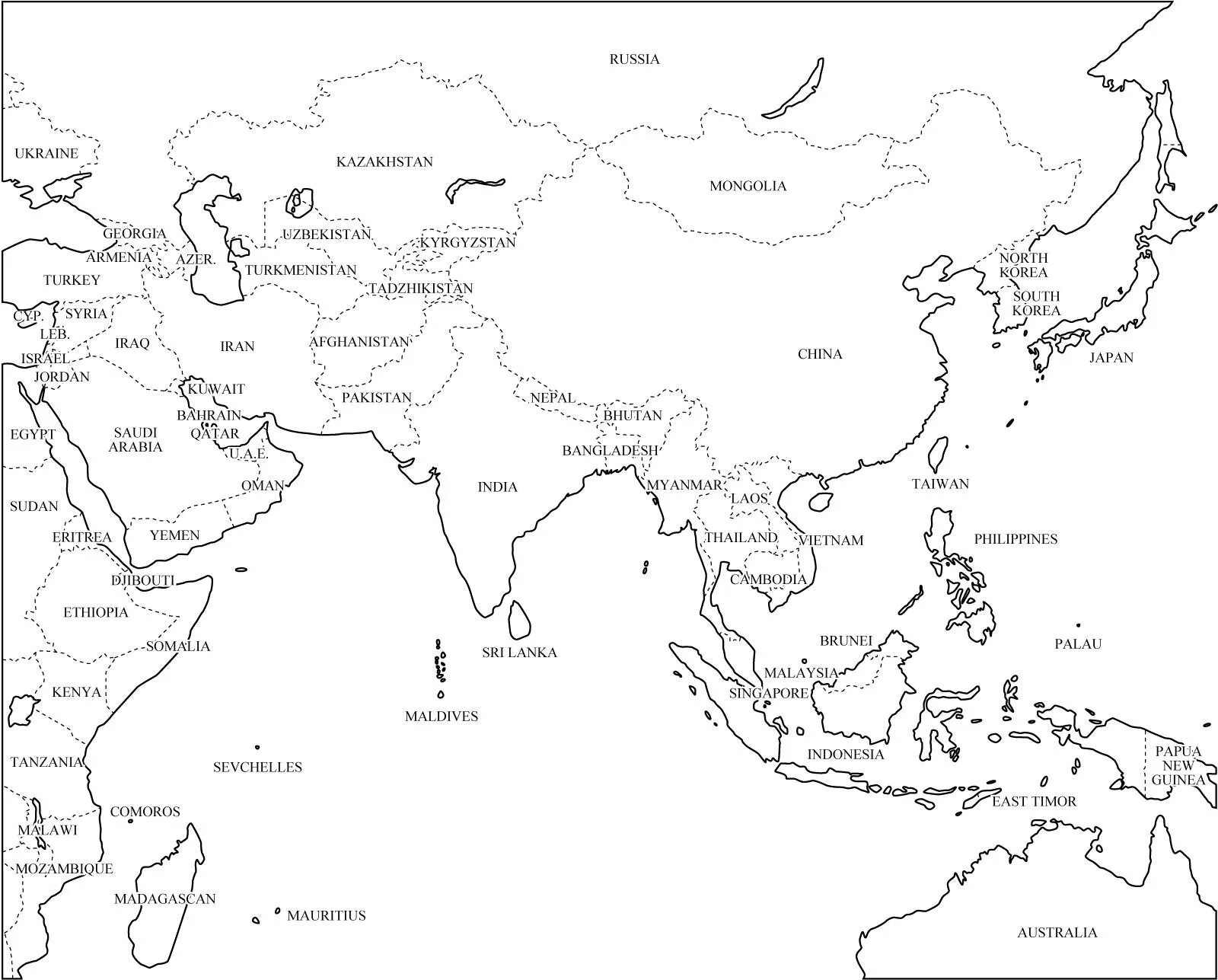 Контурные карты регионов азии. Пустая карта зарубежной Азии с границами государств. Зарубежная Азия контурная карта страны и столицы. Политическая контурная карта Азии. Политическая карта Азии контурная карта для печати.