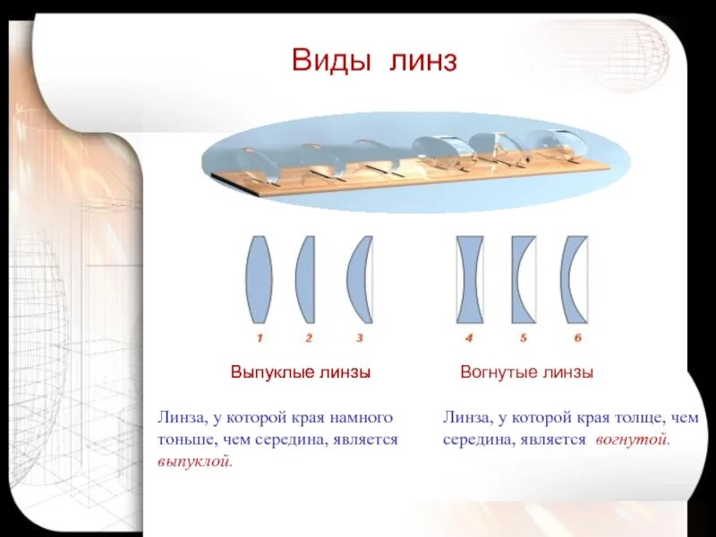 Линза у которой края вогнутой. Линза у которой середина толще чем края называется. Линза, у которой края тоньше, чем середина, является.... Выпуклые и вогнутые линзы.