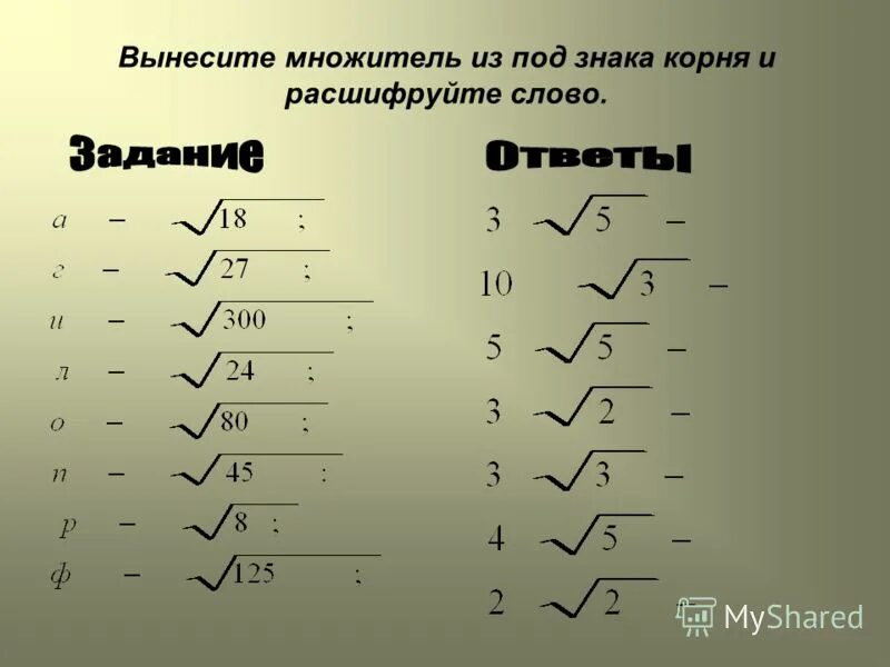 Вынести множитель из под знака корня. Вынесите множитель из под знака корня. Расшифруй запись, вынеся множитель из-под знака корня:. Вынести множитель из под знака корня 72.