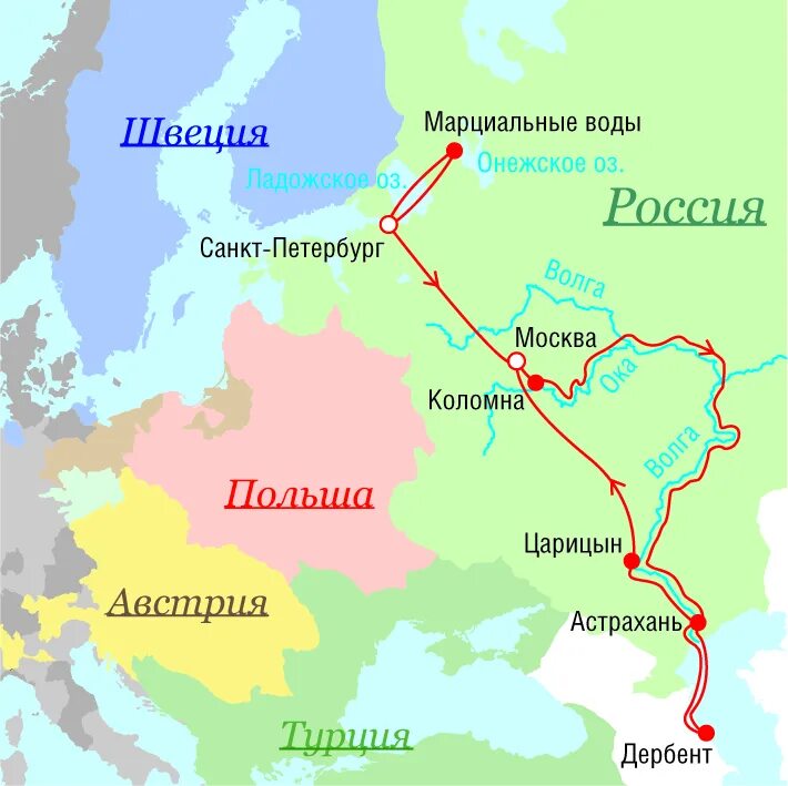 Санкт петербург путь петра. Маршруты путешествий Петра 1. Маршрут Великого посольства Петра 1 на карте. Карта путешествий Петра. Карта путешествий Петра 1.