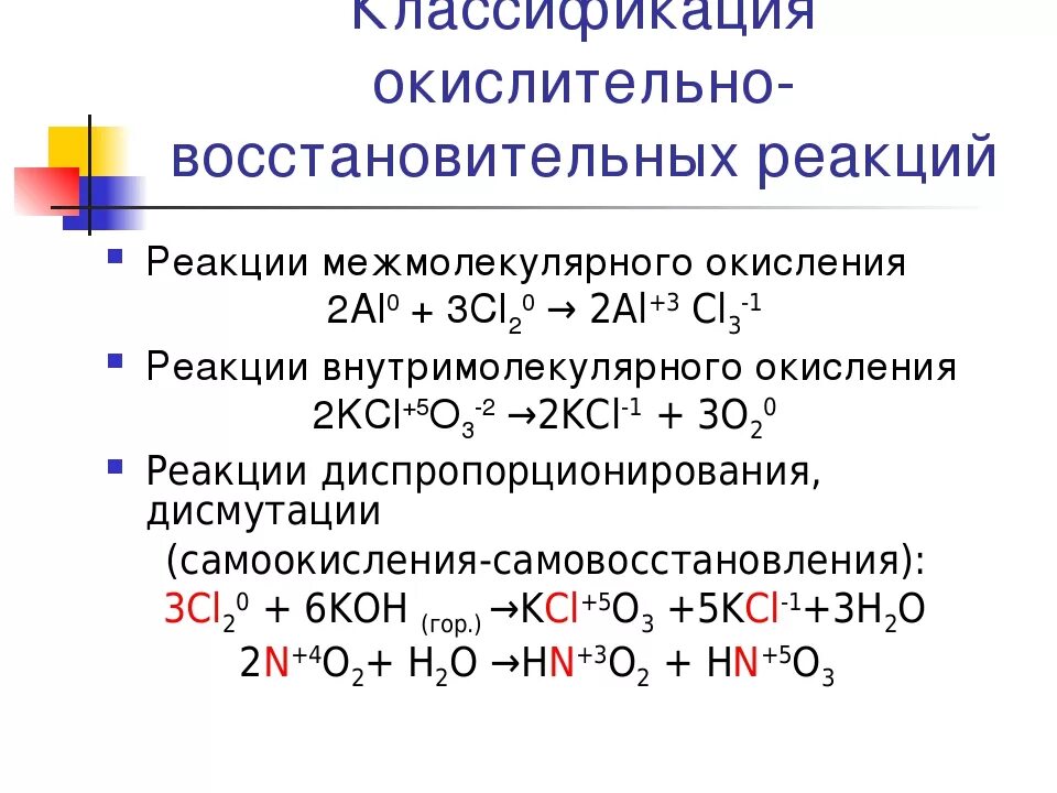 Окислительно восстановительными являются реакции протекающие с. 13. Классификация окислительно-восстановительных реакций. Внутримолекулярные реакции ОВР. Классификация ОВР реакций. Реакция диспропорционирования примеры ОВР.