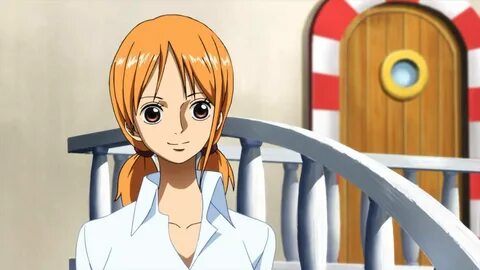 an anime character standing in front of a wooden door and railing with her ...
