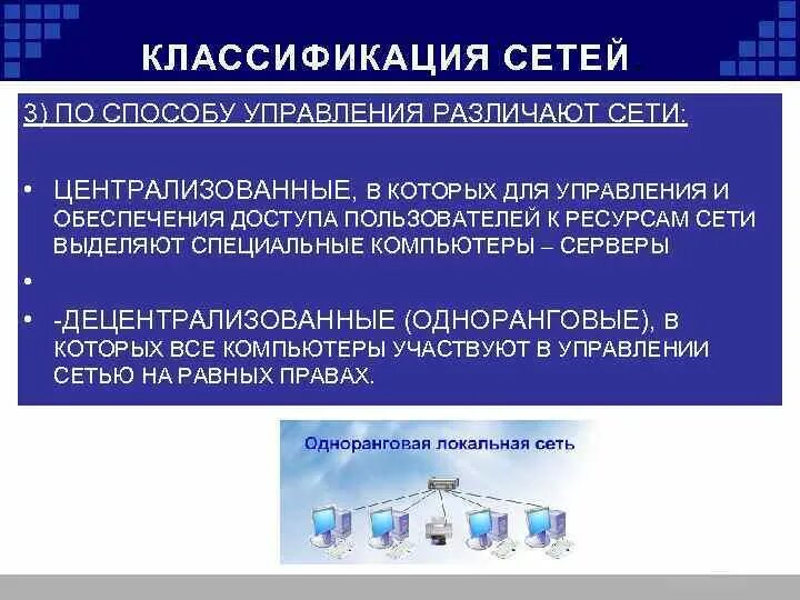 Способ управления сетью. Классификация сетей по централизованности. сети по способу управления. компьютерные сети и их классификация.