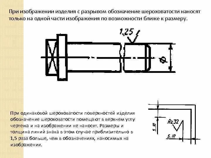 Обозначение шероховатости. Разрыв на чертеже обозначение. При изображении изделия с разрывом размерную линию. Обозначение шероховатости в углу чертежа. Как обозначается в случае разрыва