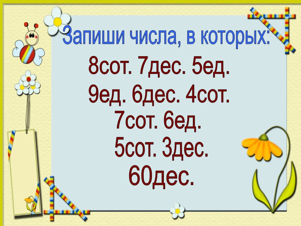 5 Сот 3 дес 4 ед. Запиши числа 8 сот.. Запиши число в котором 6 дес и 5 ед. Запиши число в котором 3 дес и 6 ед.