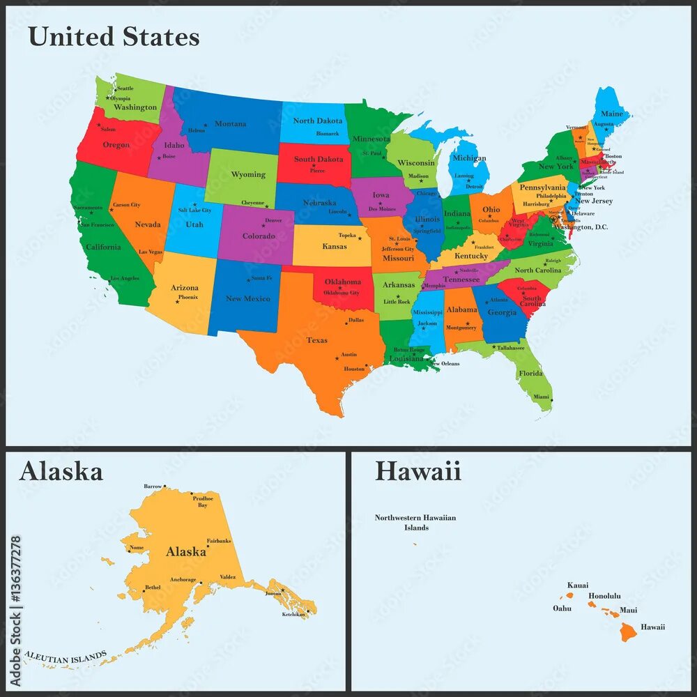 Гавайи список штатов сша. Карта сша со штатами и городами. аляска (штат сша). политическая карта сша. карта штатов сша со столицами.