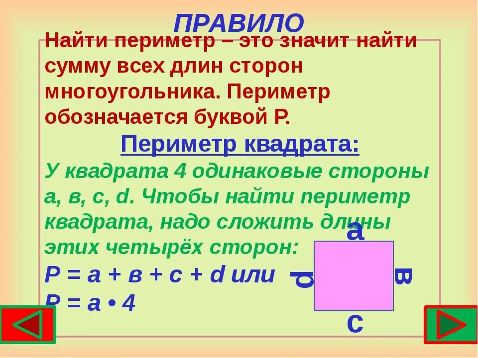 Периметр правило 3. Правила периметра и площади. Правило нахождения периметра. Формула нахождения периметра квадрата 2 класс. Периметр квадрата 3 класс правило.