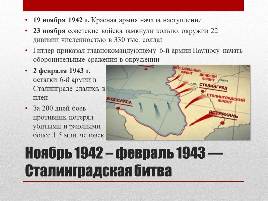 Сталинградская битва (19 ноября 1942 года – 2 февраля 1943 года) –. Сталинградская операция 1942. 19 Ноября 1942 г. – начало контрнаступления под Сталинградом.. Операция Уран 19 ноября 1942.