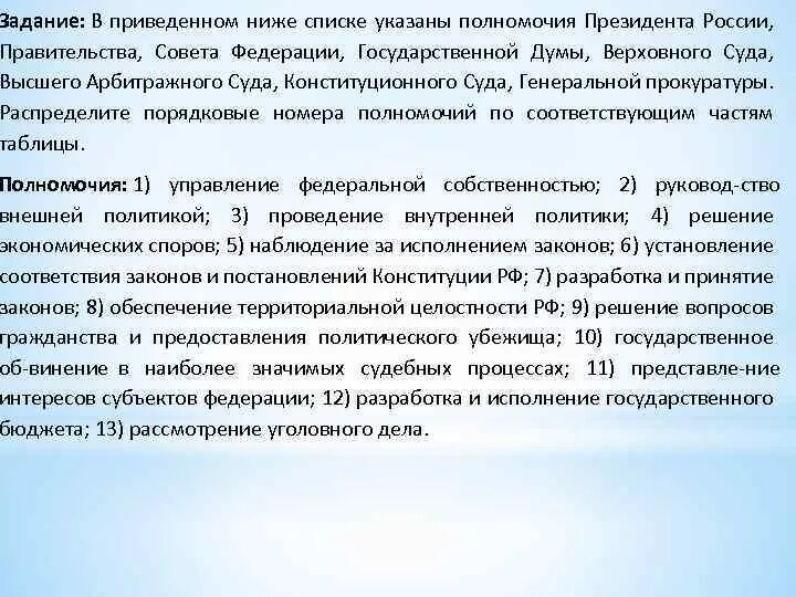 Полномочия Думы правительства и президента. В приведённом ниже списке указаны полномочия президента. В приведенном ниже списке указаны полномочия. Полномочия президента РФ правительства РФ совета Федерации Госдумы.