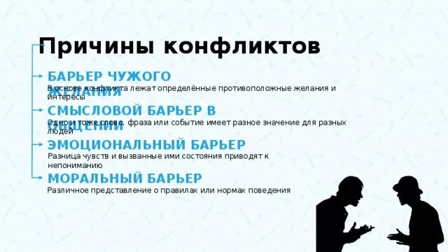 Причины конфликтов барьеры. Причины конфликтов барьеры в общении. Причины вызывающие конфликт в конфликтологии. Смысловые барьеры в общении. В основе конфликта всегда лежат