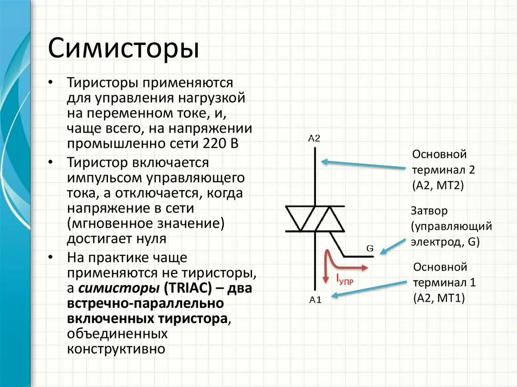 Напряжение включения тиристора. Встречно параллельное включение тиристоров схема управления. Чертеж тиристора. Тиристор управляющий электрод. Симистор схема.