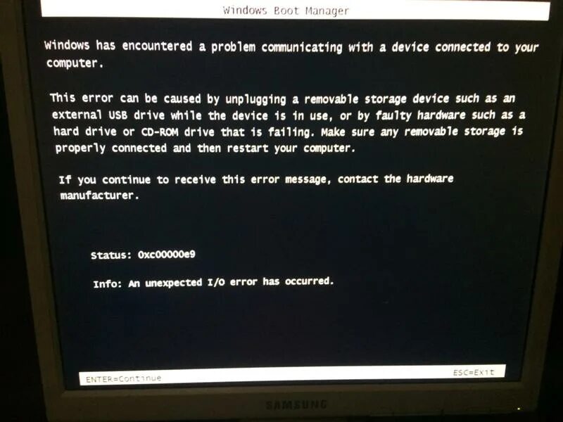 Windows has encountered a problem communicating. Ошибка виндовс бут менеджер. Windows Boot Manager не видит SSD. Windows has encountered a problem communicating with a device connected to your Computer на Windows 7.