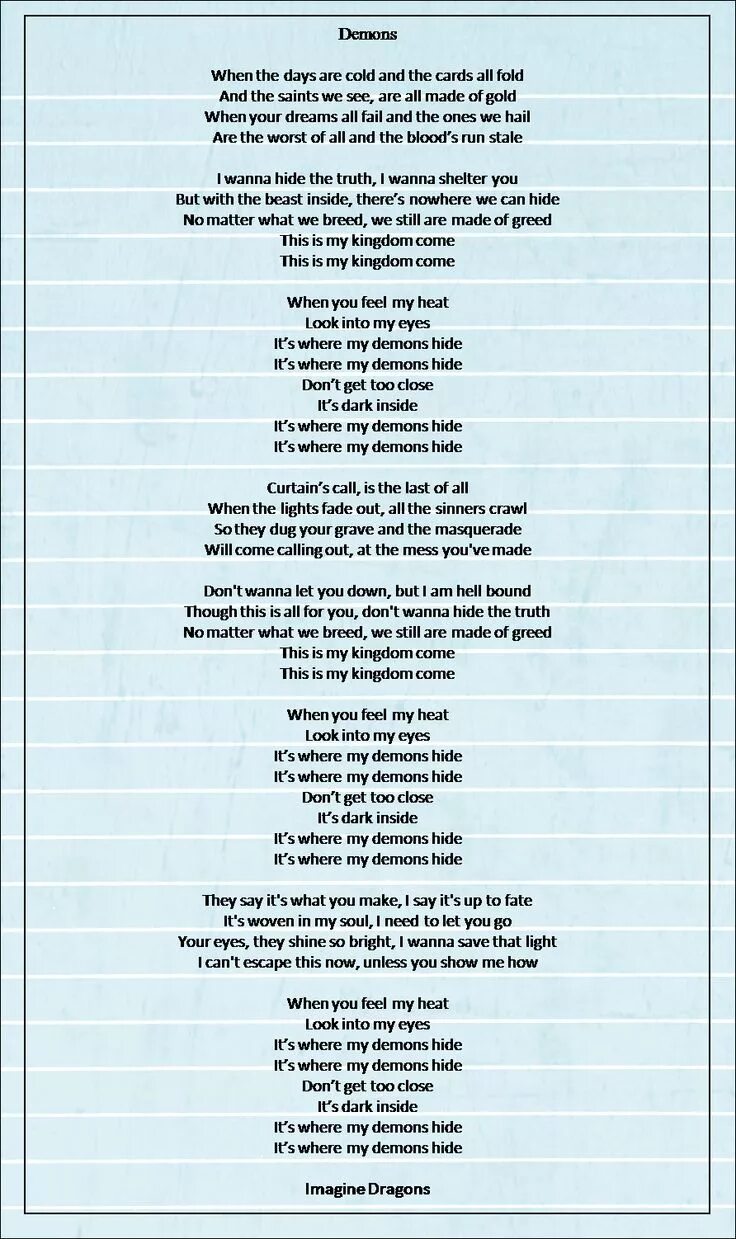 Me my demons перевод. Demons текст. Слова песни Demons imagine Dragons. Демоны песня текст. Демонс имаджин Драгонс текст.