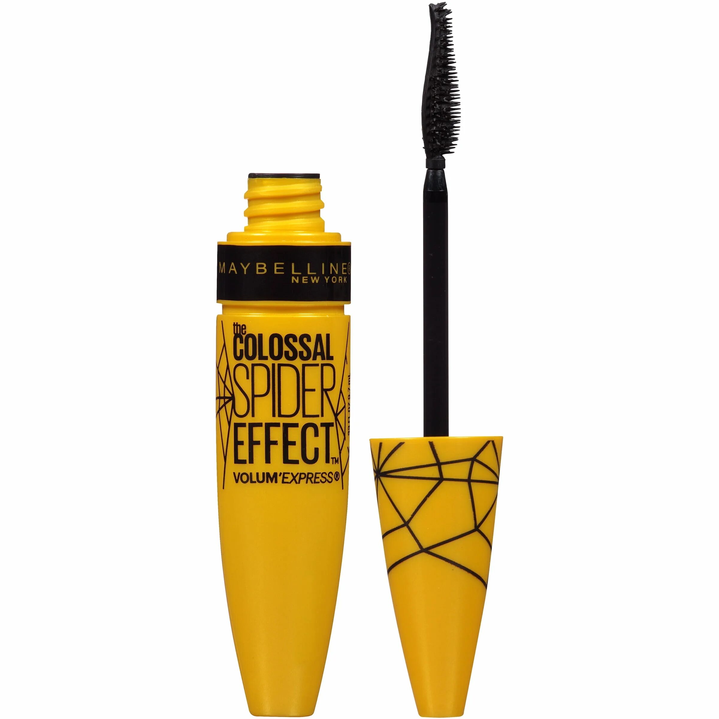 Черная тушь желтые. Maybelline Colossal тушь. Spider Effect Maybelline Colossal тушь. Тушь Maybelline New York Colossal. Colossal Volume Mascara Maybelline.