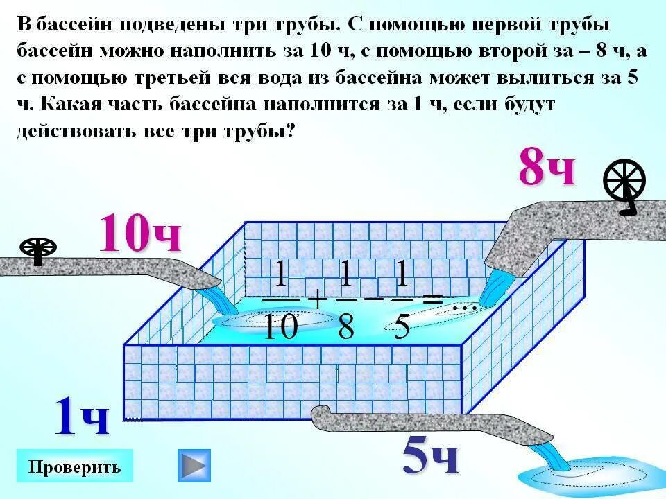 Через первую трубу можно наполнить. Задача про бассейн и две трубы. Задача про бассейн и три трубы. Задача с бассейном и трубами. Задача с бассейном решение.