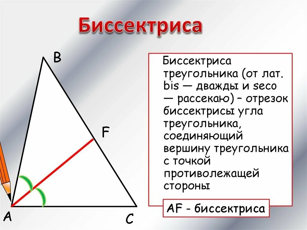 Как выглядит биссектриса треугольника. Биссектриса треугольникк. Биссектрисамтреугольника это. Треугольник смбиссектрисой. Любая биссектриса треугольника делит его пополам