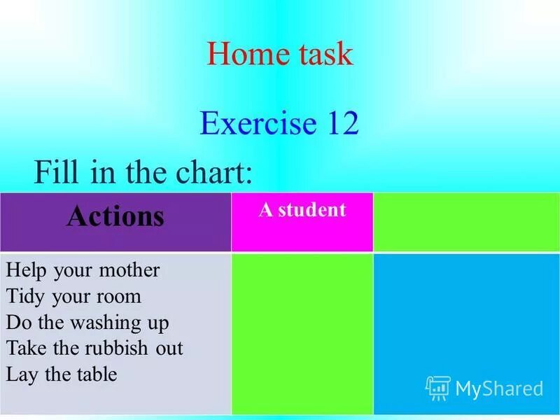 Task exercise. Fill in the chart. task exercise разница. task or exercise.