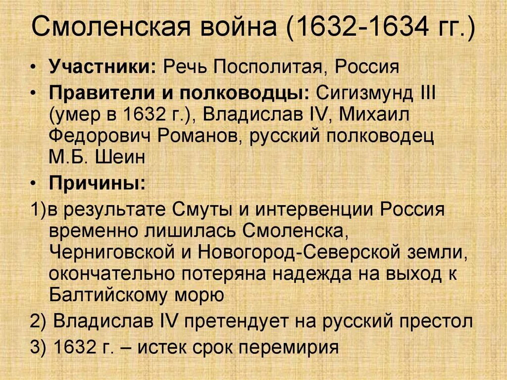 Участники Смоленской войны 1632-1634. Причины начала войны с речью посполитой