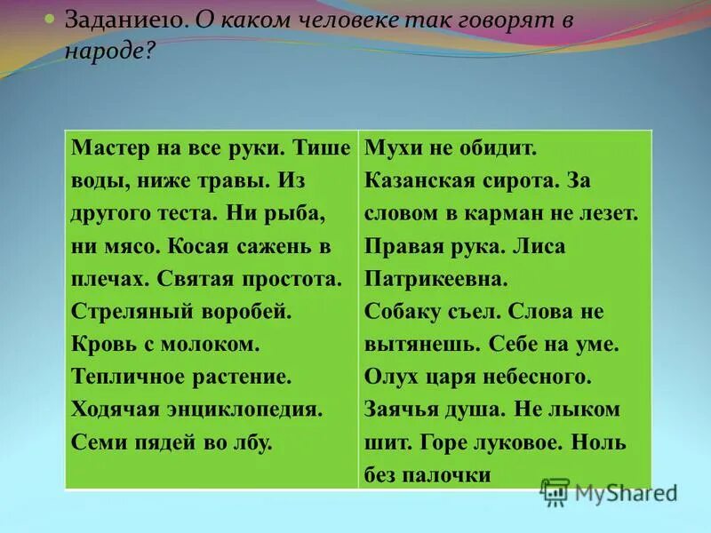 Тише воды ниже травы значение предложение. О каком человеке так говорят в народе мастер на все руки. Задание 8. о каком человеке так говорят в народе?. Ниже травы тише воды пословица. Тише воды ниже травы фразеологизм.