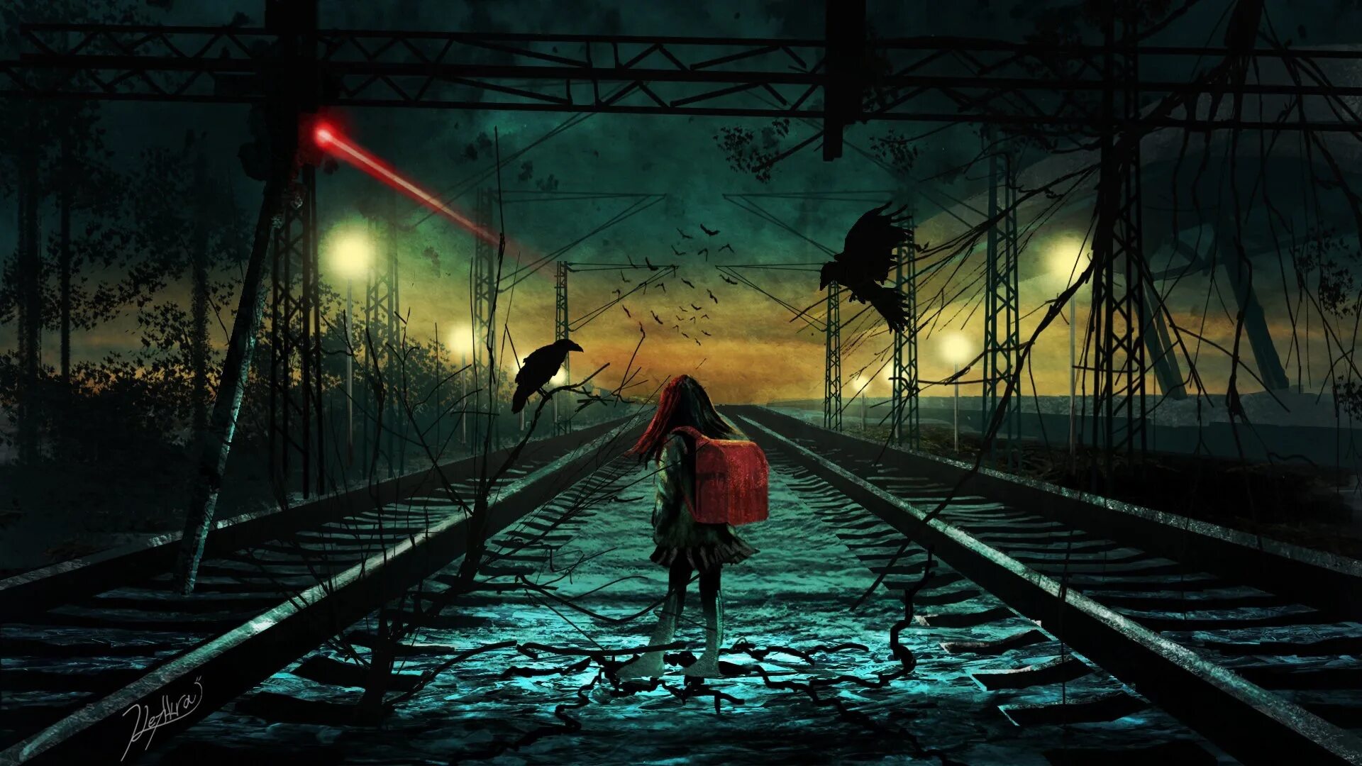 Девушка на рельсах арт. Мистическая деревня. Человек в темном переулке. Парень в переулке. Опасная ночь.