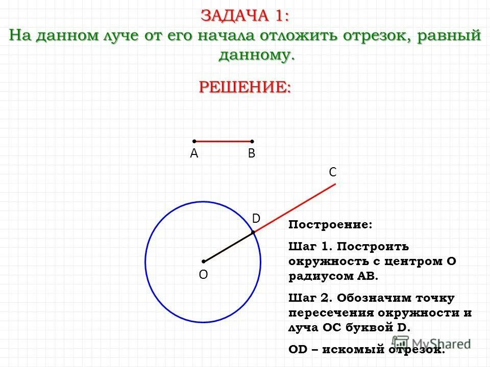 Построение отрезка равного данному 7 класс. Задачи на построение отрезка равного данному. задачи на построение окружности. построение отрезка равного данному. как отложить на данном луче от его начала отрезок равный данному.