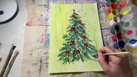 Нарисовать елку с игрушками красками