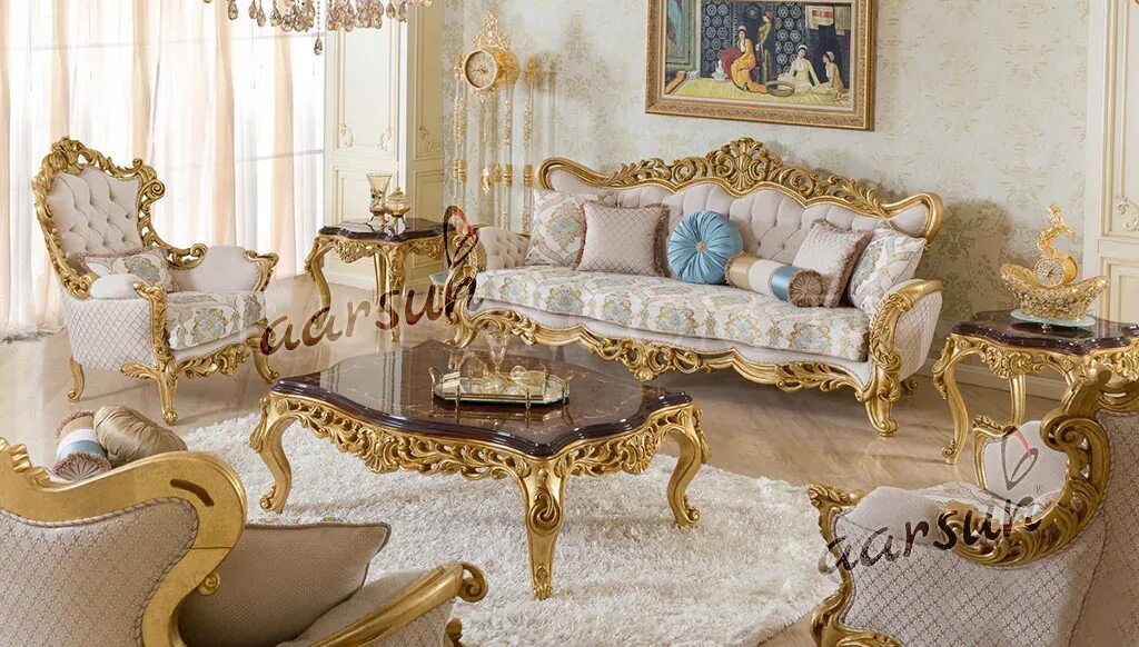 Royal Antique Gold Gliding Carved Sofa Set Living Room Sectional Baroque Sofa - 