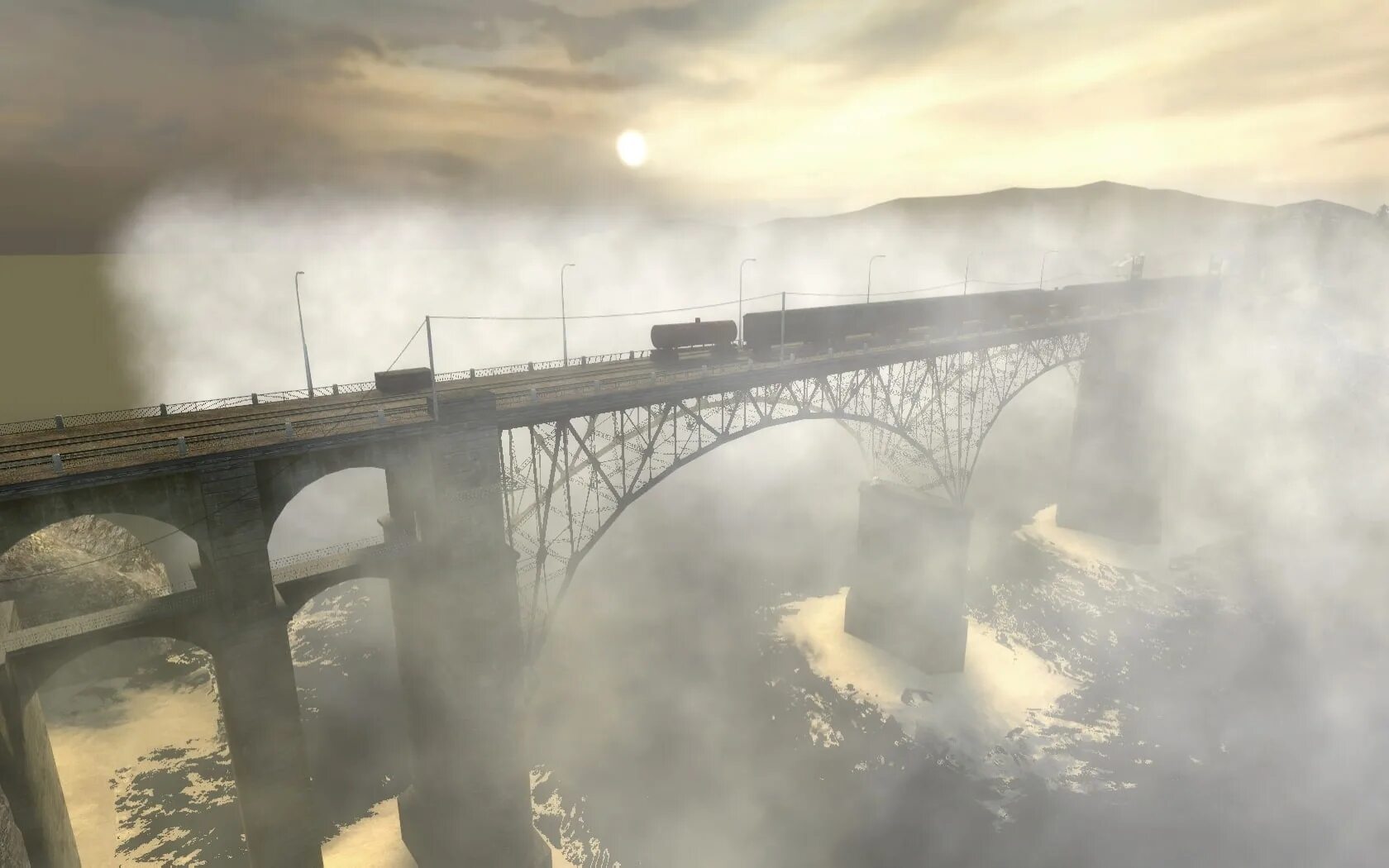 Игра где туман. Мост халф лайф 2. Халф лайф 2 Железнодорожный мост. Мост разрушенный халф лайф 2. Туманный мост.