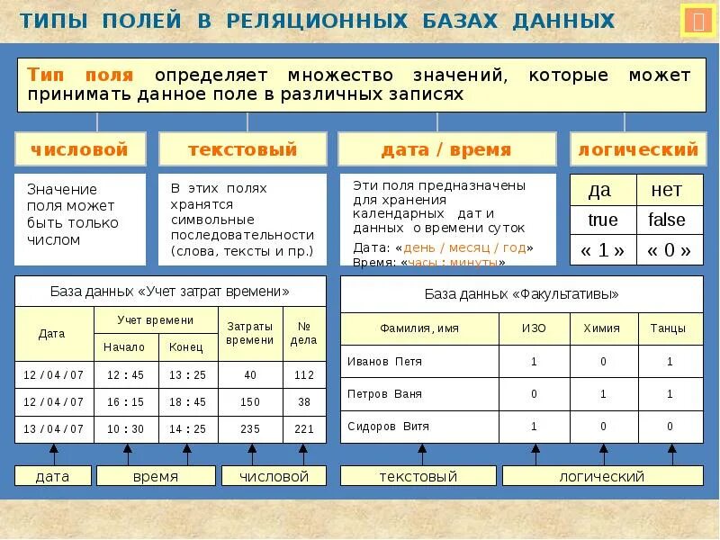 Данные о поли. Типы данных для полей базы данных. Типы полей в реляционных базах данных. Перечислить типы полей в базе данных. Числовой Тип поля в базе данных.