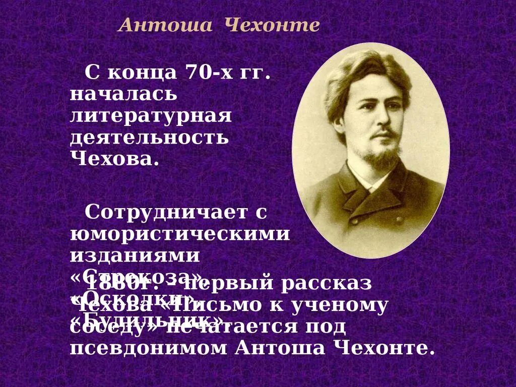 Чехов начинающим писателям. Антоша Чехонте. Литературная деятельность Чехова.