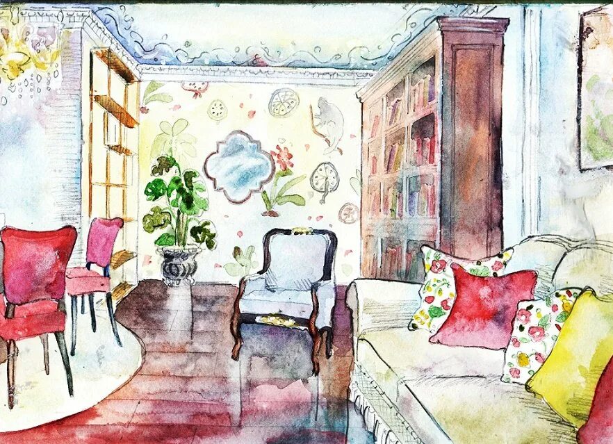 Зарисовки предметов интерьера. Комната акварель. Живопись в интерьере. Интерьер иллюстрация. Комната акварель.