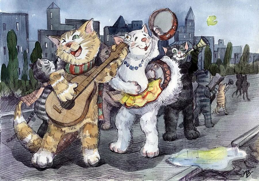 кошка за столом. мартовский кот. поющие коты собаки. поющие коты собаки. художник оксана заика кошки.