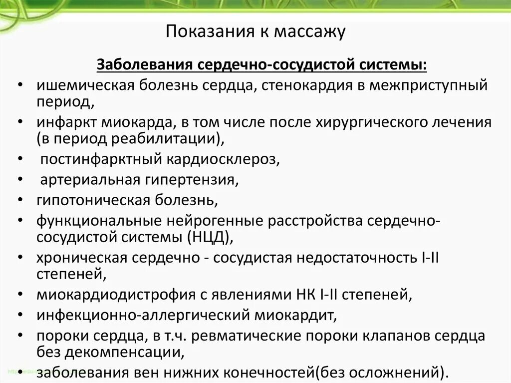 Показания и противопоказания к массажу. Массаж при заболеваниях сердечно-сосудистой системы. Методика массажа при ишемической болезни сердца. Показания и противопоказания к проведению массажа. Особенности методики массажа