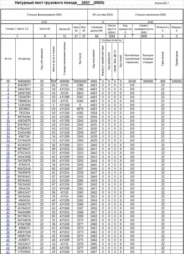 Форма натурного листа поезда