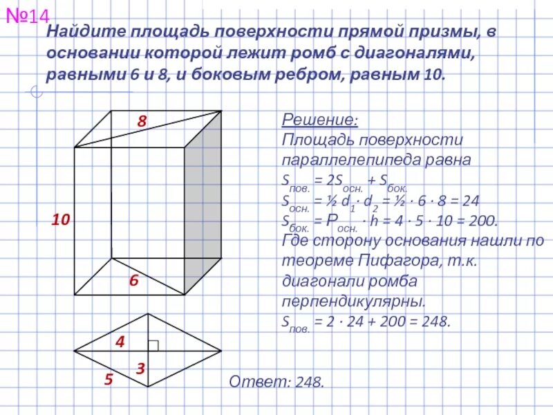 Правильная призма в основании ромб. Площадь основания боковой поверхности Призмы. Четырехугольная Призма в основании ромб. Площадь прямой Призмы в основании ромб. Sосн прямой Призмы.