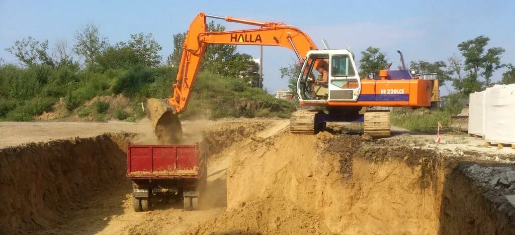 Экскаватор копает траншею. Копка котлована. Строительный котлован. Земляные работы городе. Экскаватор копает землю.