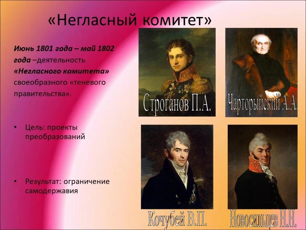 Неофициальный орган при александре 1. Негласный комитет 1801. Негласный комитет 1802. Строганов при Александре 1 негласный комитет.