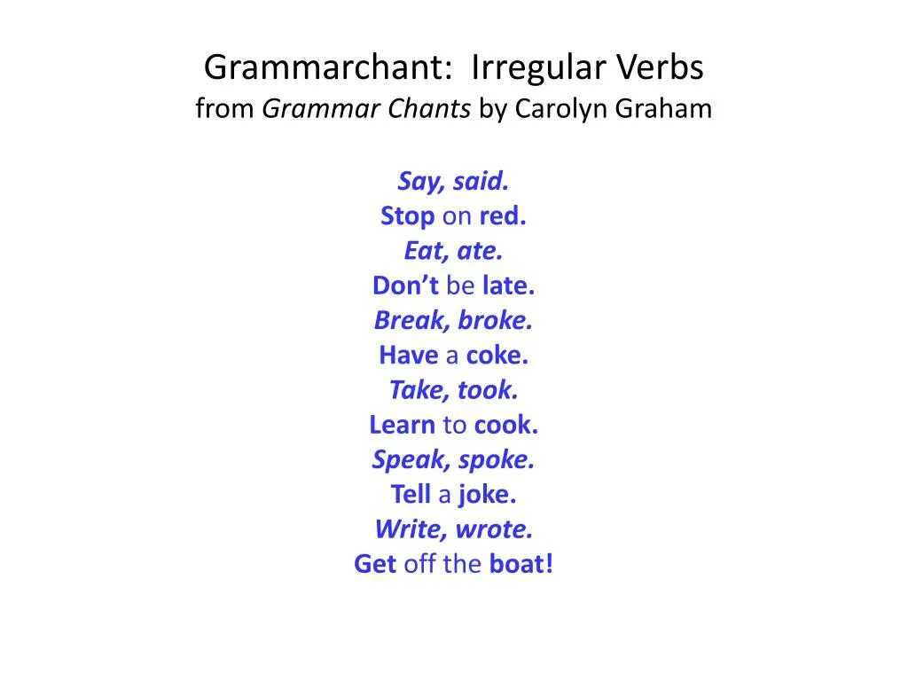 Остановиться глагол. Grammar Chants Carolyn Graham. Irregular verbs Chant. Jazz Chants by Carolyn Graham. Past simple Chants.
