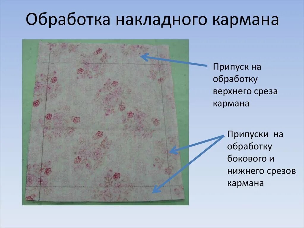 Обработка накладного кармана. Припуск на обработку верхнего среза кармана. Обработка кармана верхний срез кармана. Технология обработки накладного кармана.