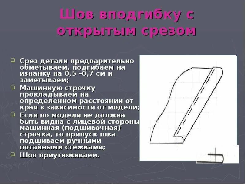 Определение среза. Шов вподгибку с открытым срезом. Заметывание с открытым срезом. Шов в подгибку с закрытым срезом. Заметывание с открытым срезом пошагово.