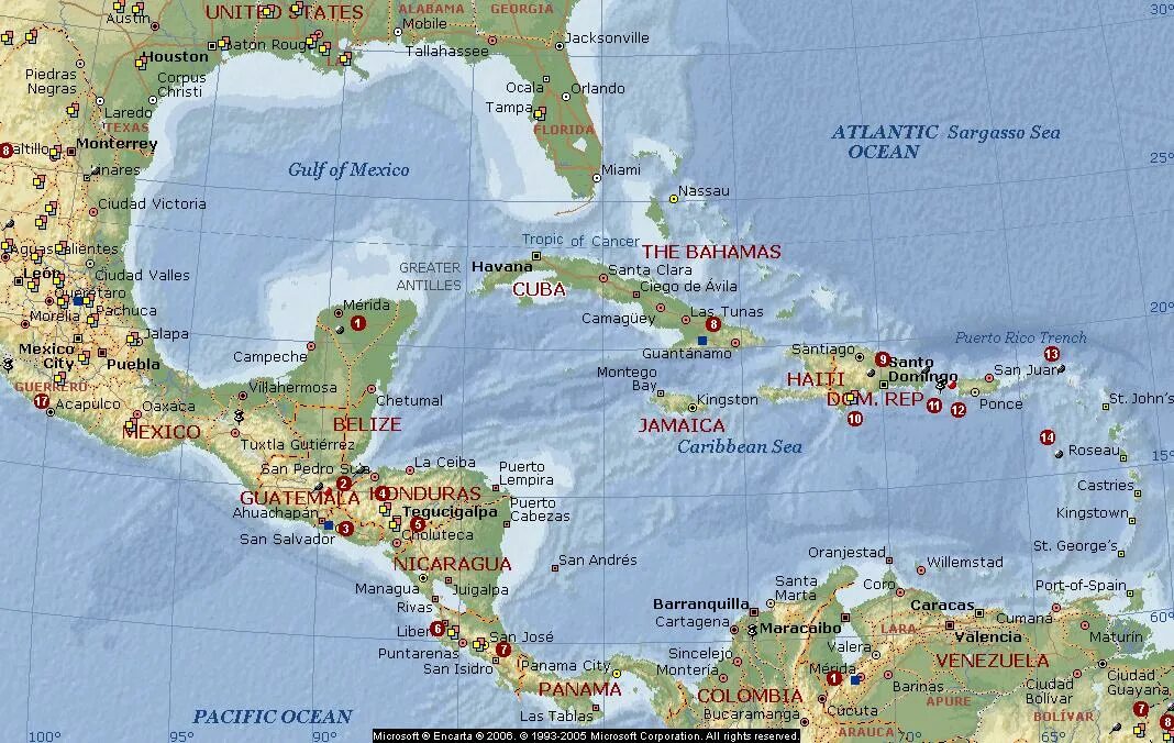 Карибское море на карте атласа. Карибское море на физической карте.