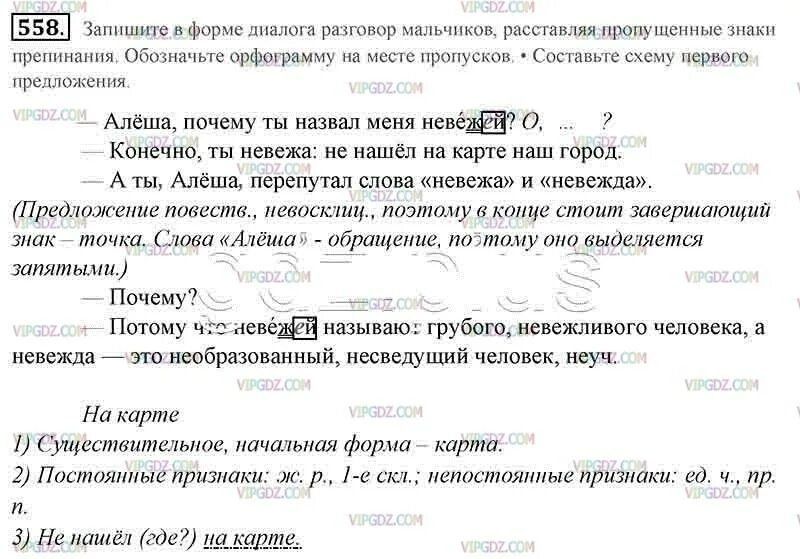 Почему ты назвал меня невежей. Заигиие разговорв форме диалога. Пунктуационный разбор предложения. Невежда предложение. Рус яз 5 класс 2 часть номер 558.